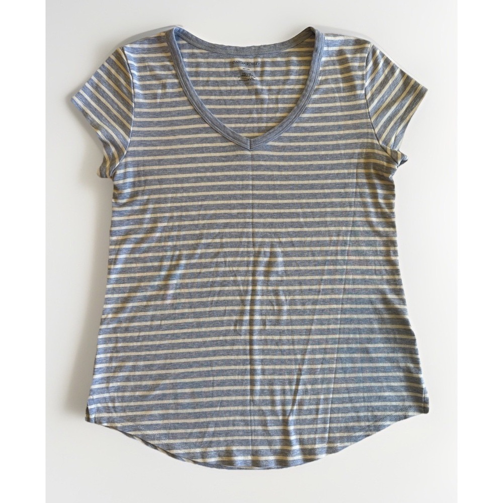 Cynthia Rowley Blue White Striped V-Neck T-Shirt Large Cotton Modal Stretch